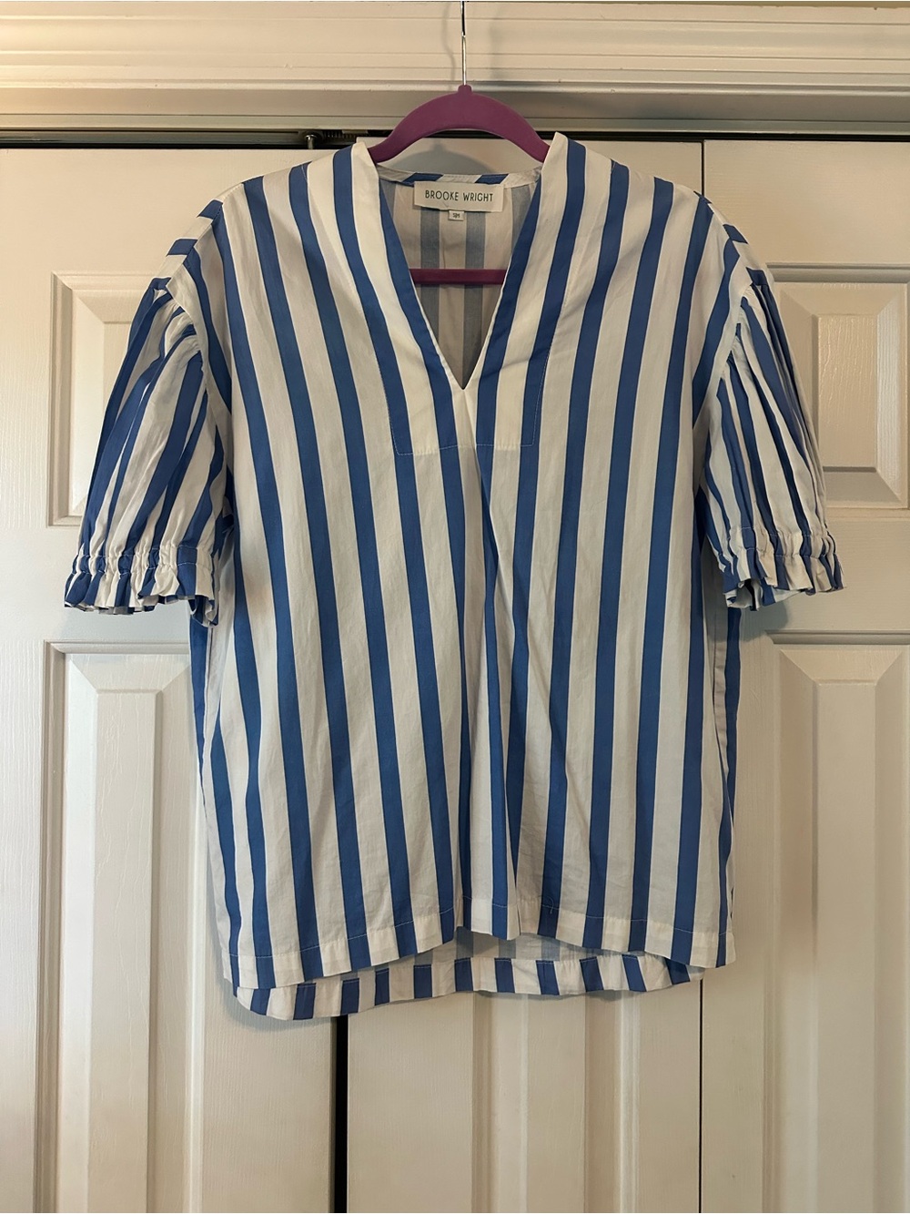Brooke Wright Blue & White Stripe V-Neck Puff Sleeve Blouse